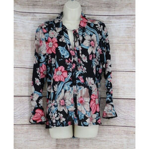 Umgee Womens Button Down Flutter Sleeve Floral Blouse Top Size Small Black